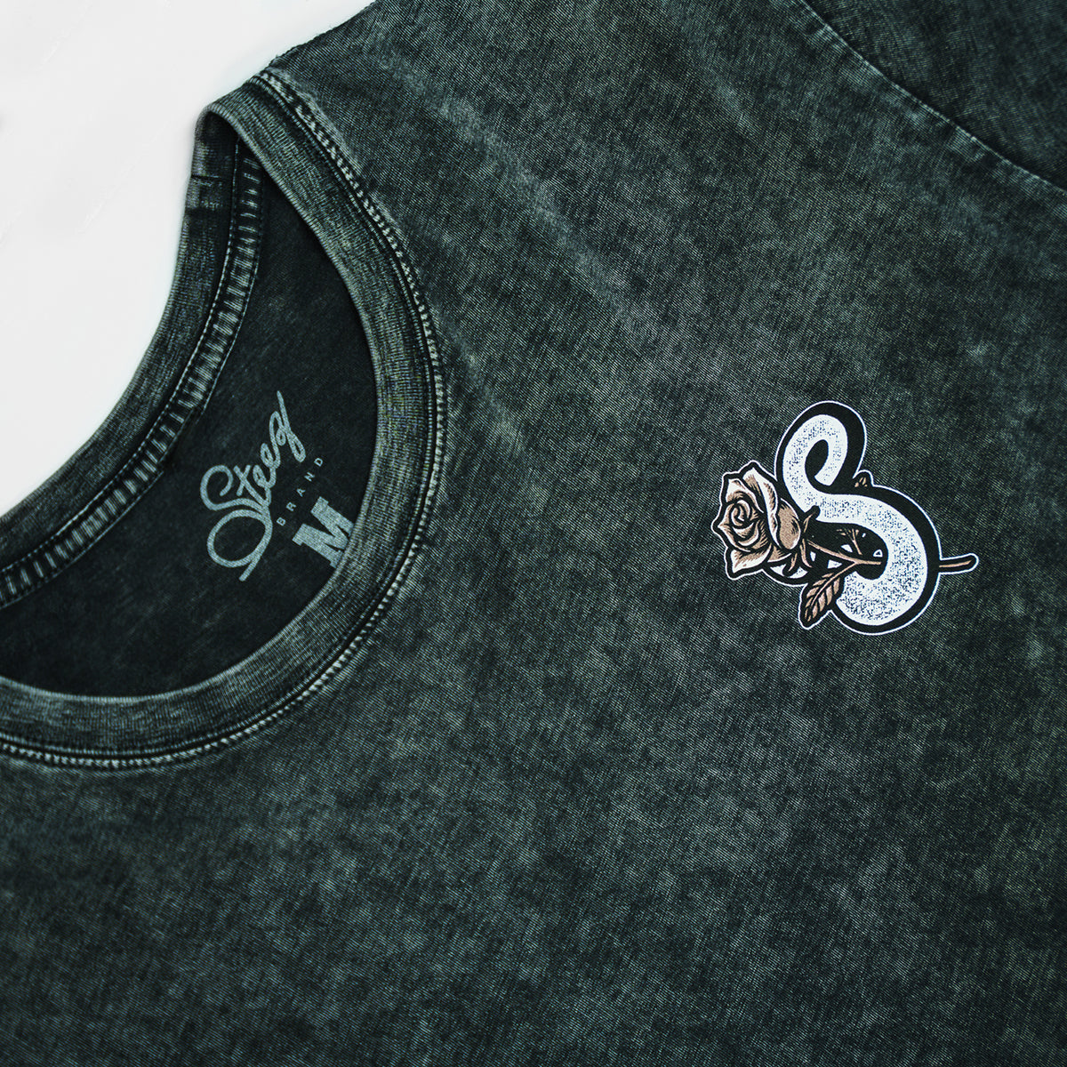 Rose Emblem Stone Wash Tee - Black Size Tag